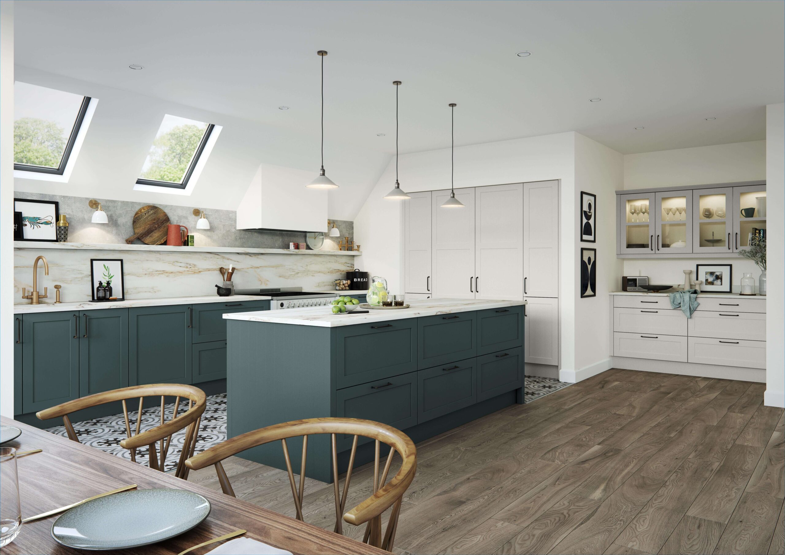 Fenton shaker kitchen painted in Baltic Green and Pale Smoke