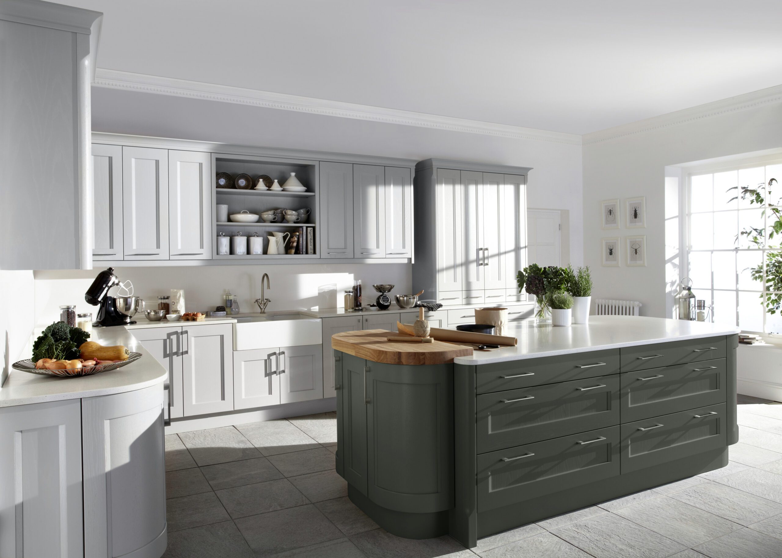 Kew shaker kitchen painted in Soft Grey and Seal Grey