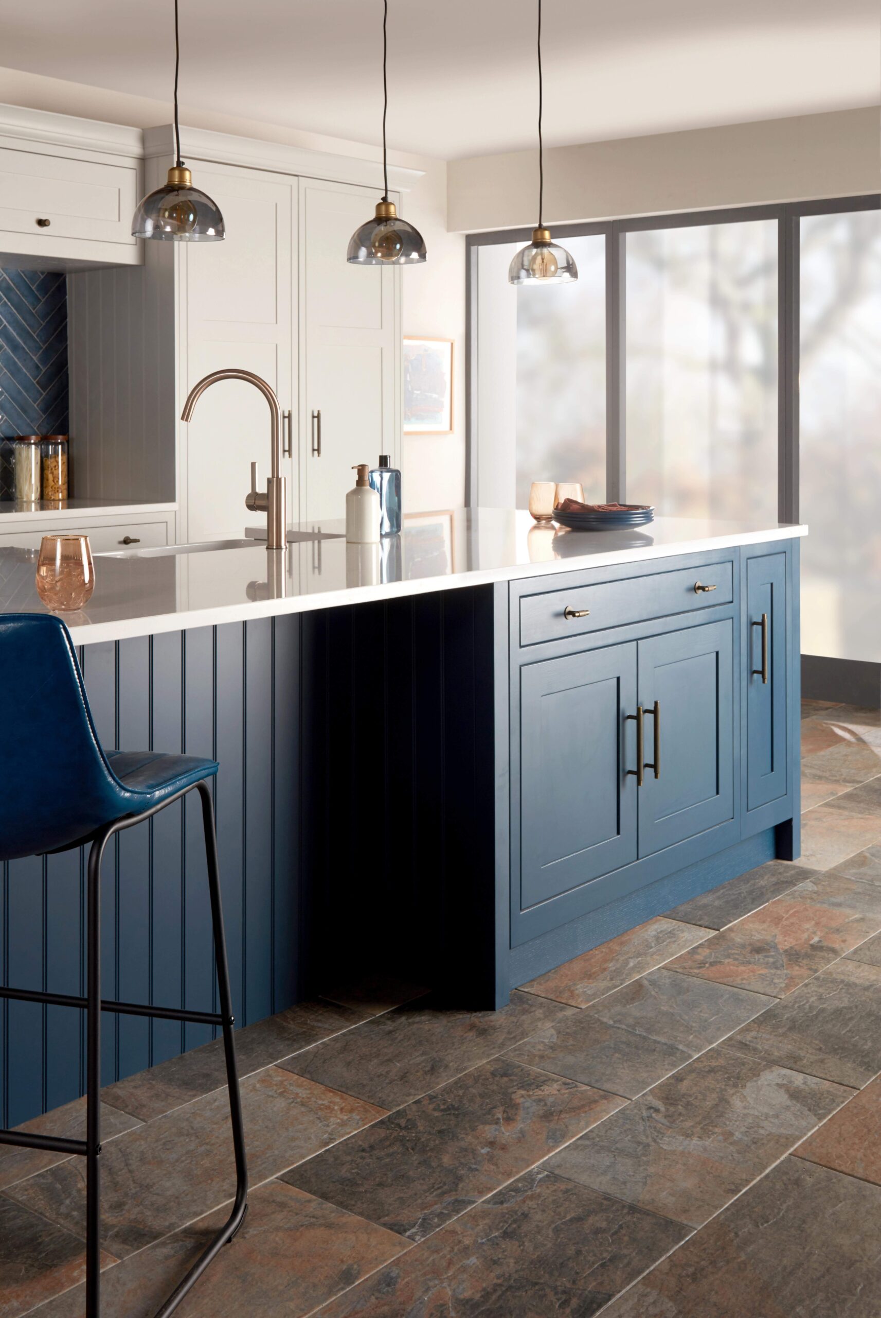 Pembrey Inframe Kitchen with Prussian Blue Island and Pale Smoke cabinets