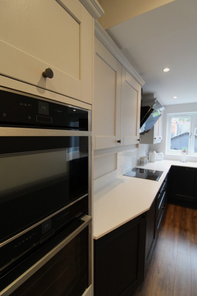 blue and light grey shaker kitchen