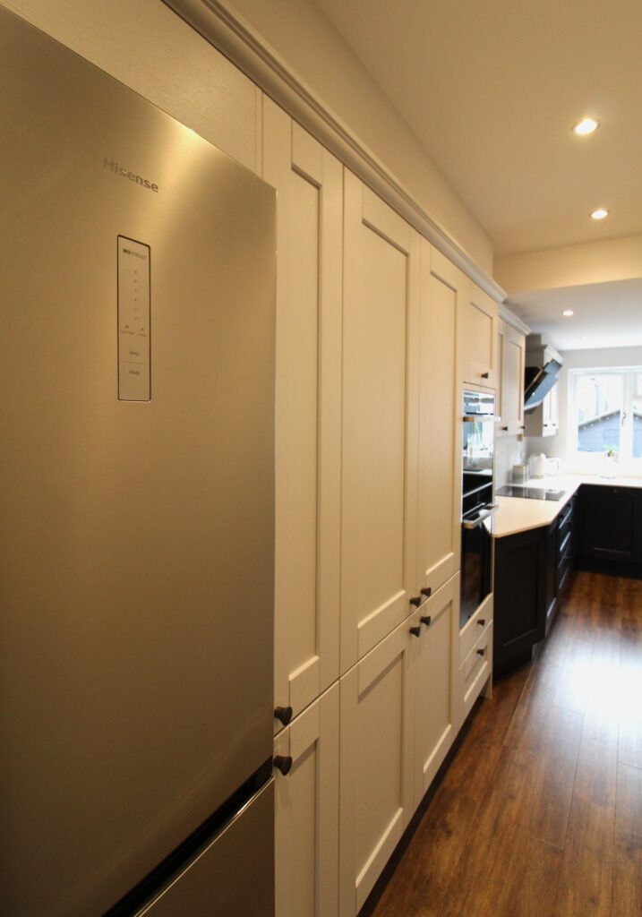 blue and light grey shaker kitchen