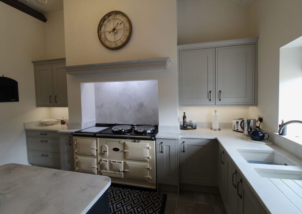 Soft grey painted kitchen with Aga