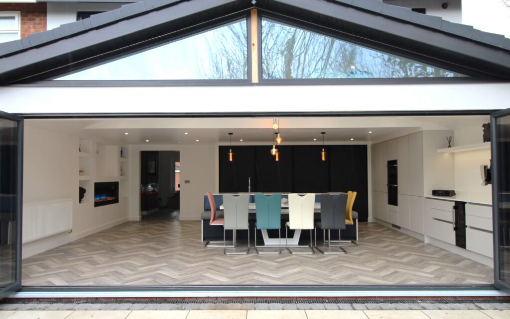 kitchen extension showcasing handle-less kitchen in indigo blue and light grey