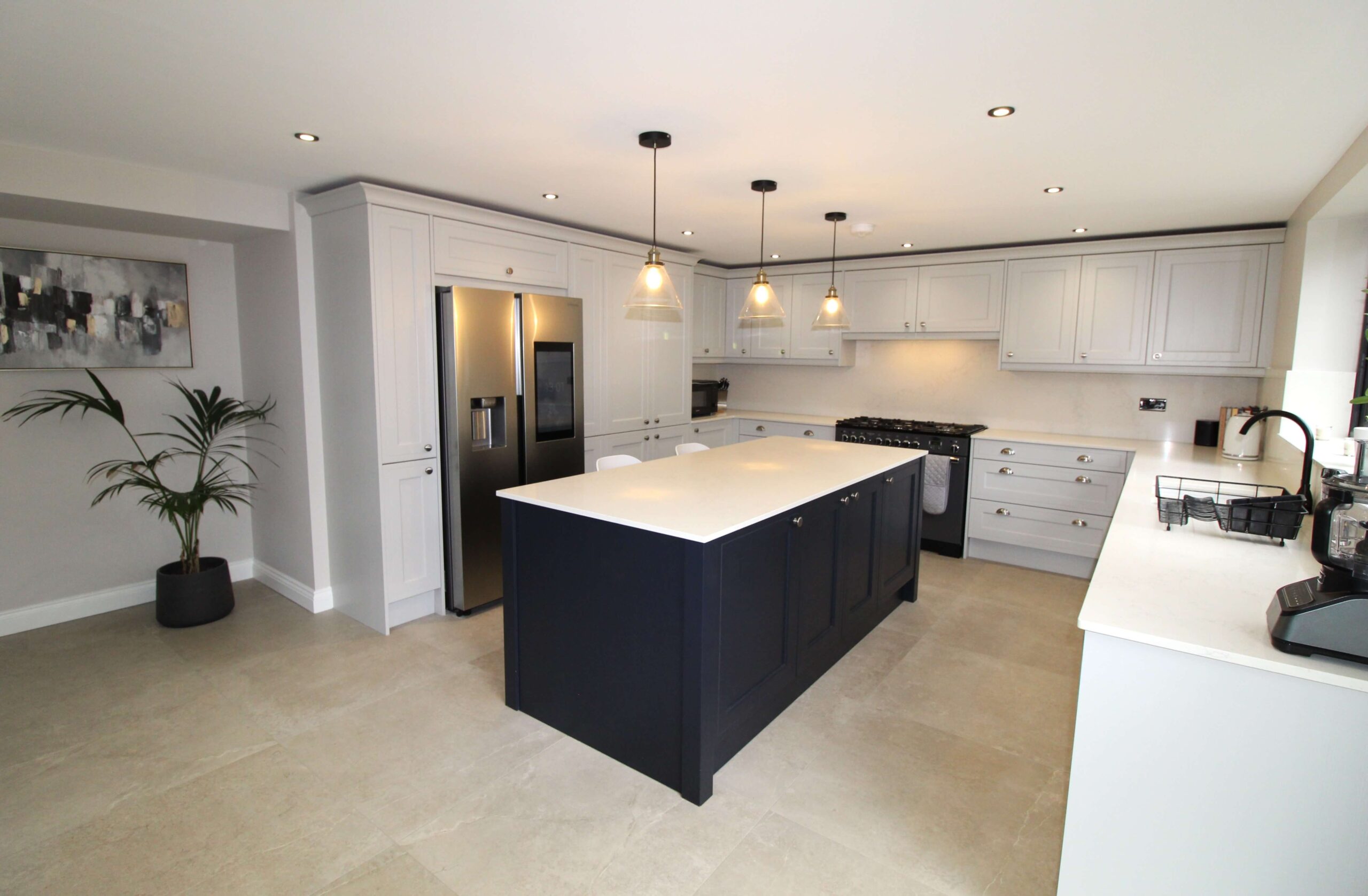 Painted mock inframe kitchen in light grey and indigo