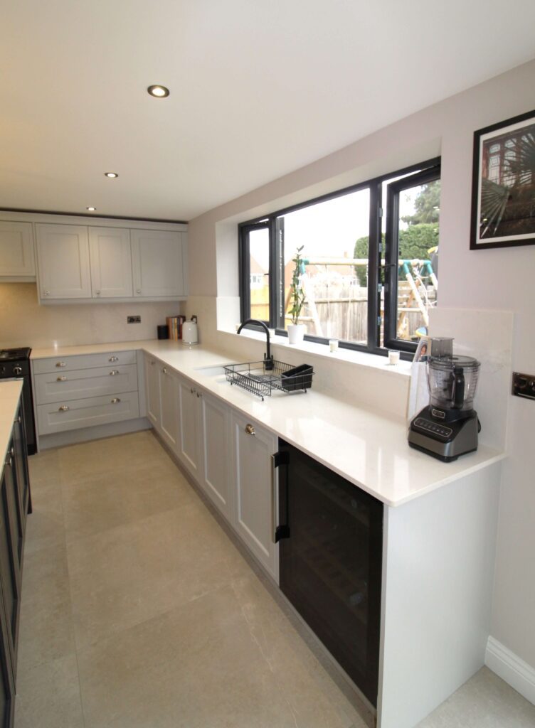 Painted mock inframe kitchen in light grey and indigo