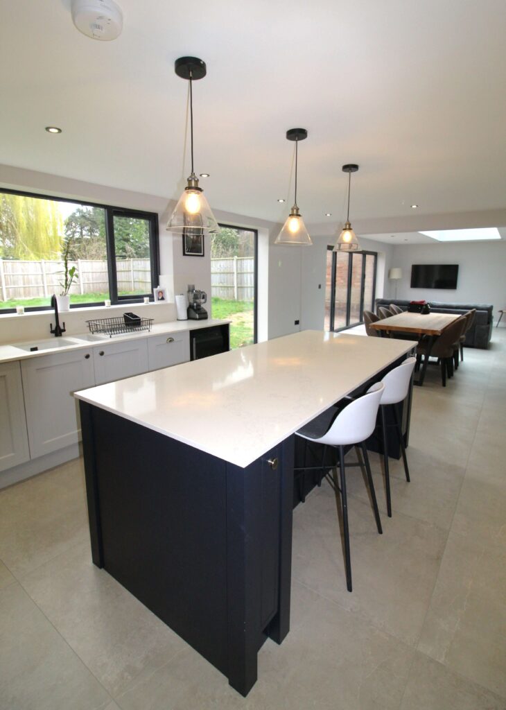 painted mock inframe kitchen in light grey and indigo